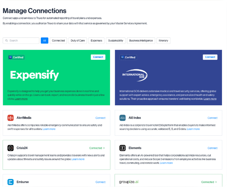 Manage connections screen showing the ability to send your travel data to your choice of our travel partners.