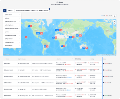 Filtered list of employee travel with locations plotted on a world map.